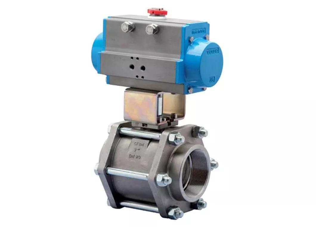 1-1/4" Bonomi 8P0200 - Ball Valve, 3 Piece, 2-Way, Stainless Steel, Socket Weld, Full Port, with Spring Return Pneumatic Actuator