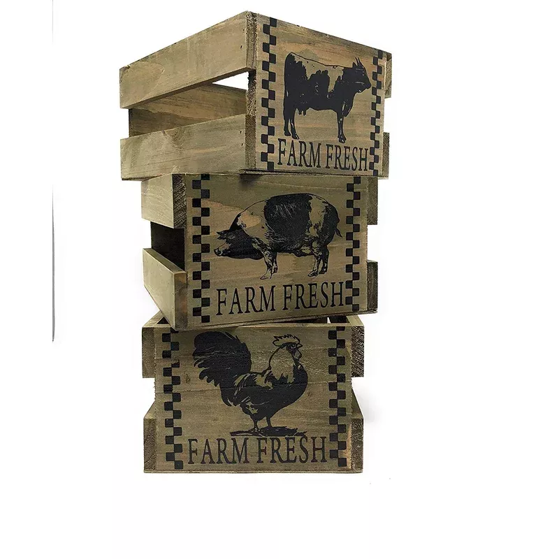 Wooden Crates Decorative Countertop Organizing Storage Utility Baskets (Set of 3)