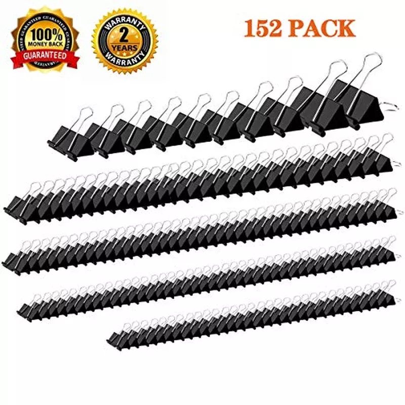 YSeaWolf 152 Pack Binder Clips Assorted Sizes 6 Different Sizes of Multipurpose not Thin not Easy to Break Spring Tension Suitable Paper Clips Paper Clamps – Sturdy Container Included(Black)