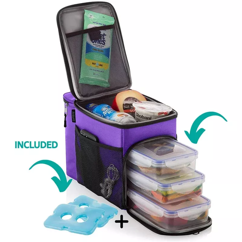 ZUZURO Lunch box Insulated cooler bag w/ 3 compartment – Includes 3 Meal Prep Containers – Detachable Shoulder Strap + 2 Ice Packs. Great for Work Office or Travel Lunch Bag (Purple)